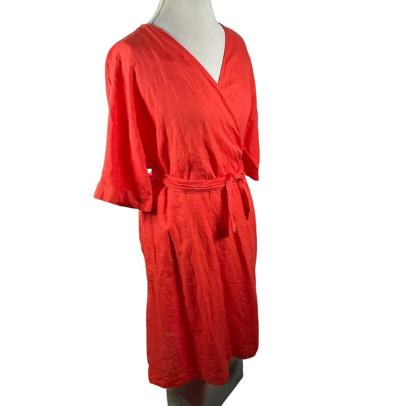 Saint James Wrap Dress Orange Linen Logo Lined S/S Beachy Preppy Size US 12 44F - Picture 11 of 14